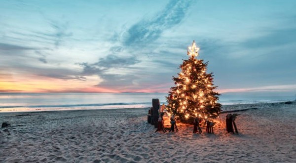 Christmas tree on the beach at sunset, with glowing lights