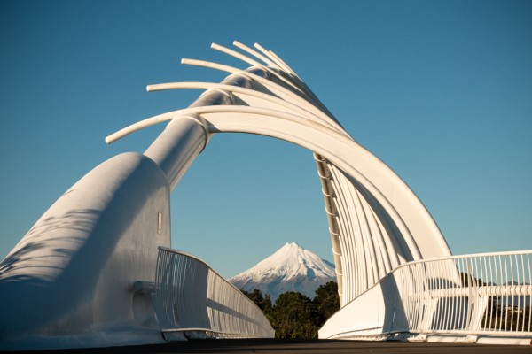 Te Rewa Rewa Bridge with Taranaki Maunga in background
