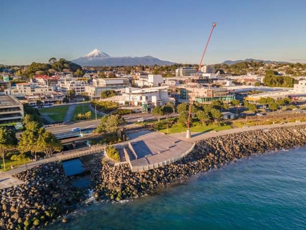 Wind Wand - arial shot of the city CBD with Taranaki Maunga in the background